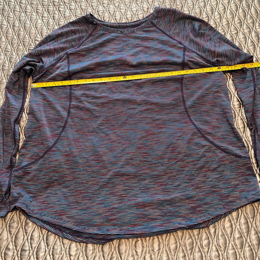 Woman’s 2X Tek Gear blue-purple-grey striped athletic shirt long sleeve